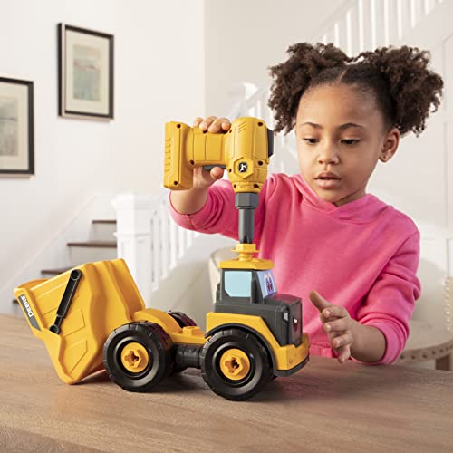John Deere Kids Build-a-Buddy Yellow Dump Truck - 13 Piece Take Apart Toy Truck with Battery Powered Drill - Childs Farm Toy Cars - Educational STEAM
