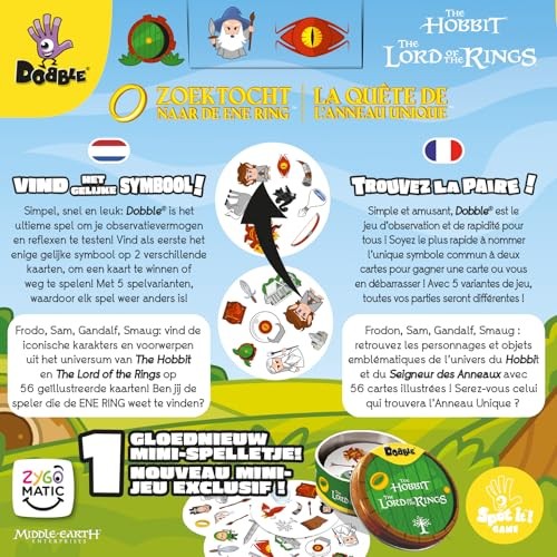 Asmodee - DOBBLE the Lord of the Rings – Card Game – Fast and Fun Party Game for the Whole Family, 2-8 Players, Ages 6+ – French/Dutch Version