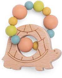 Hochet anneau de dentition bois et silicone tortue