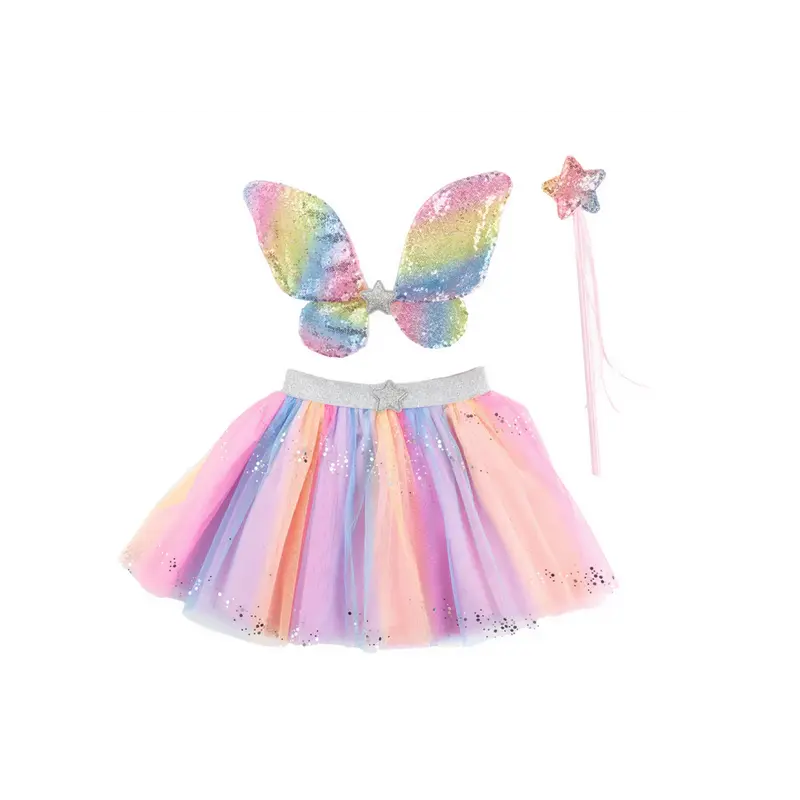 Set de Papillon à paillettes avec jupe, ailes et baguette 4-6 ans - Arc-en-ciel