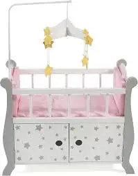 [50695] Lit commode poupée avec rangements rose et etoiles grises