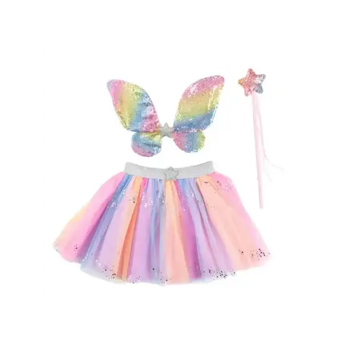 [42925] Set de Papillon à paillettes avec jupe, ailes et baguette 4-6 ans - Arc-en-ciel